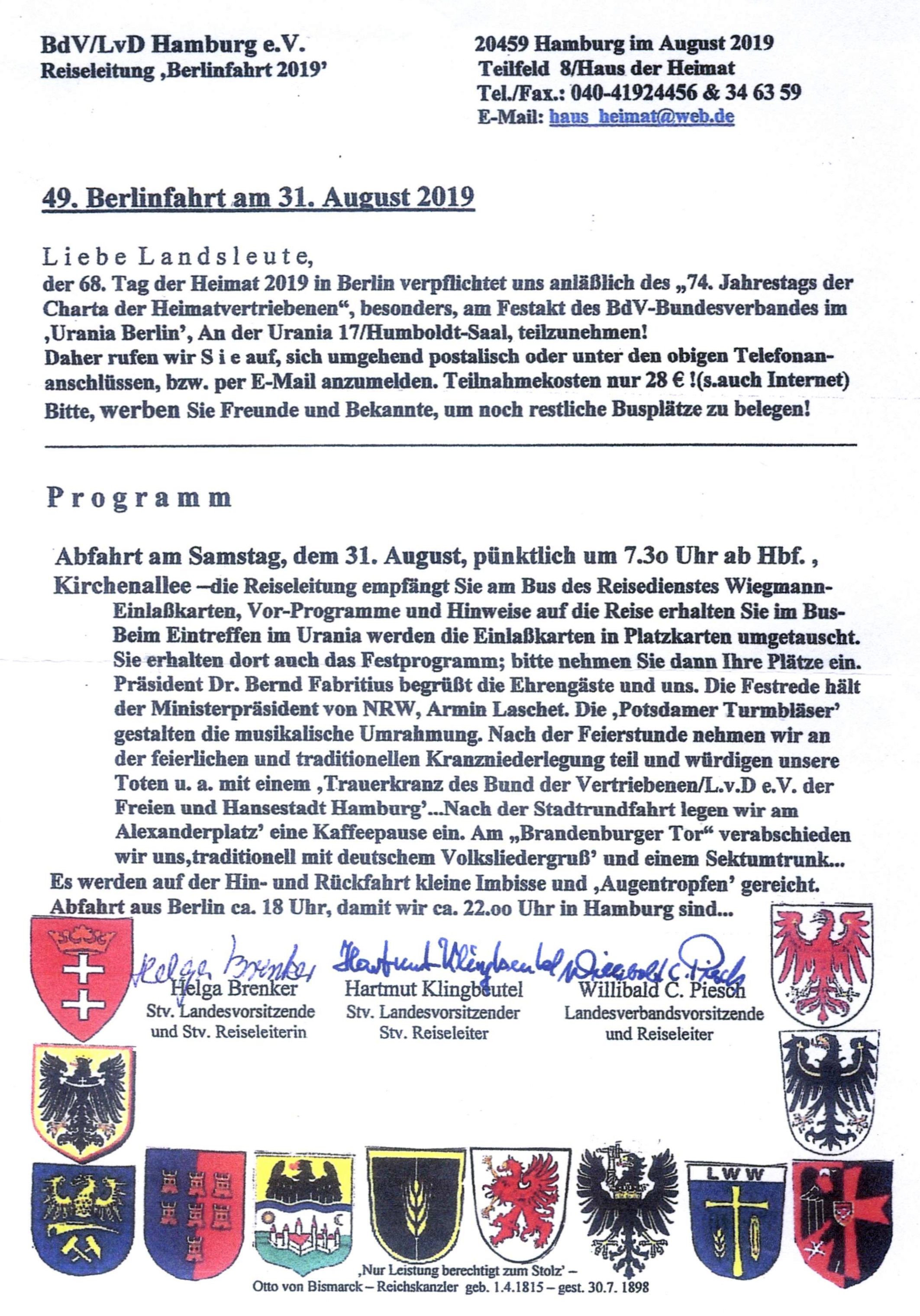 Einladung zur Berlinfahrt am 31.8.2019